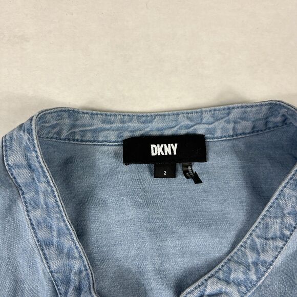 DKNY Cap Short Sleeve Chambray Dress Size 2 Blue Belted Asymmetrical Hem Midi - Picture 4 of 11